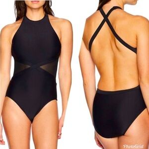Coastal Blue Black Mesh Side Swimsuit One Piece Monokini, size 8-10